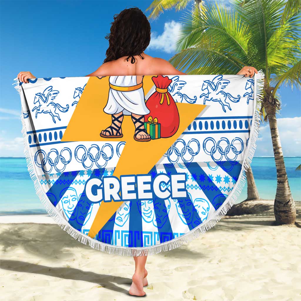 Greece Christmas Beach Blanket with Zeus Santa Greek Flag Lightning Bolt Gift Bag and Blue Yellow Pattern Design - Wonder Print Shop