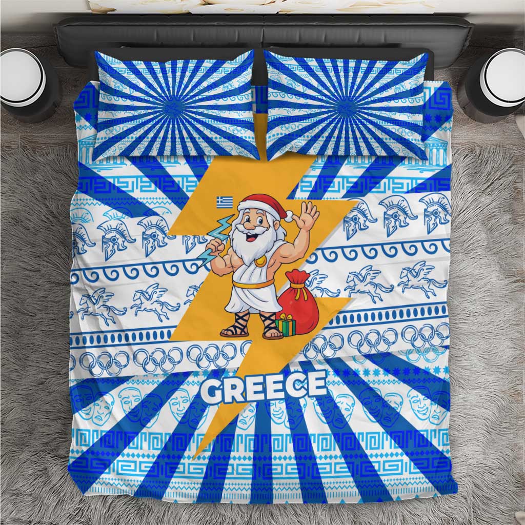 Greece Christmas Bedding Set with Zeus Santa Greek Flag Lightning Bolt Gift Bag and Blue Yellow Pattern Design - Wonder Print Shop