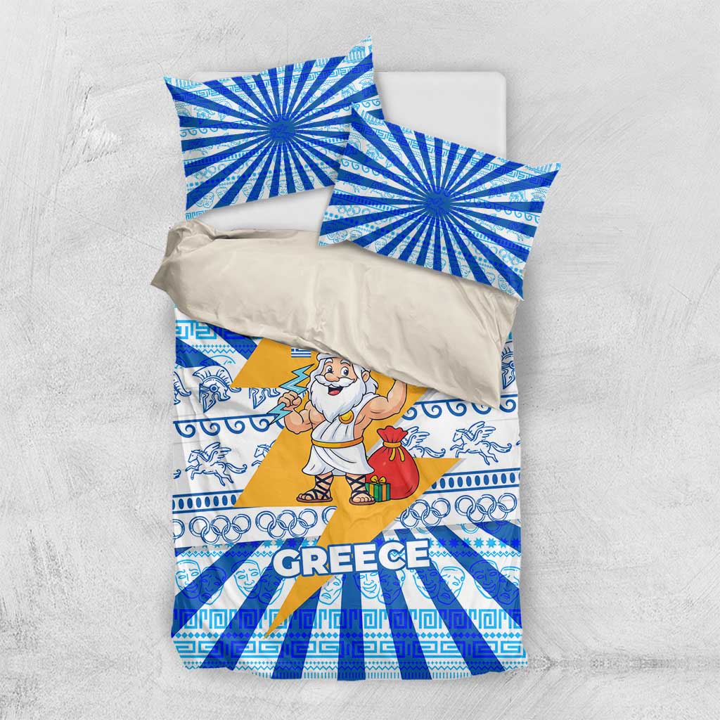 Greece Christmas Bedding Set with Zeus Santa Greek Flag Lightning Bolt Gift Bag and Blue Yellow Pattern Design - Wonder Print Shop
