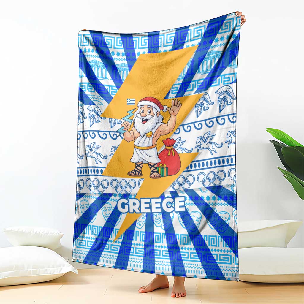 Greece Christmas Blanket with Zeus Santa Greek Flag Lightning Bolt Gift Bag and Blue Yellow Pattern Design - Wonder Print Shop