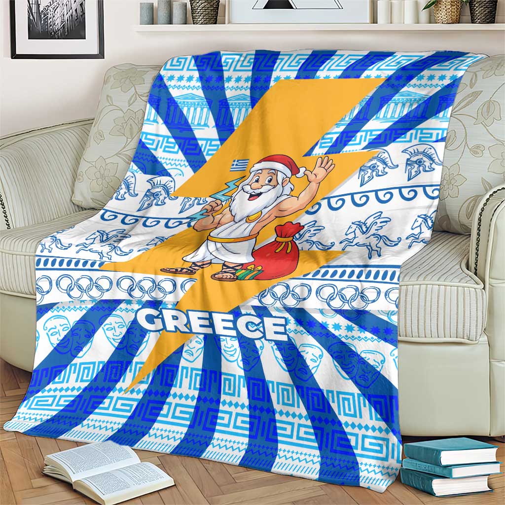 Greece Christmas Blanket with Zeus Santa Greek Flag Lightning Bolt Gift Bag and Blue Yellow Pattern Design - Wonder Print Shop