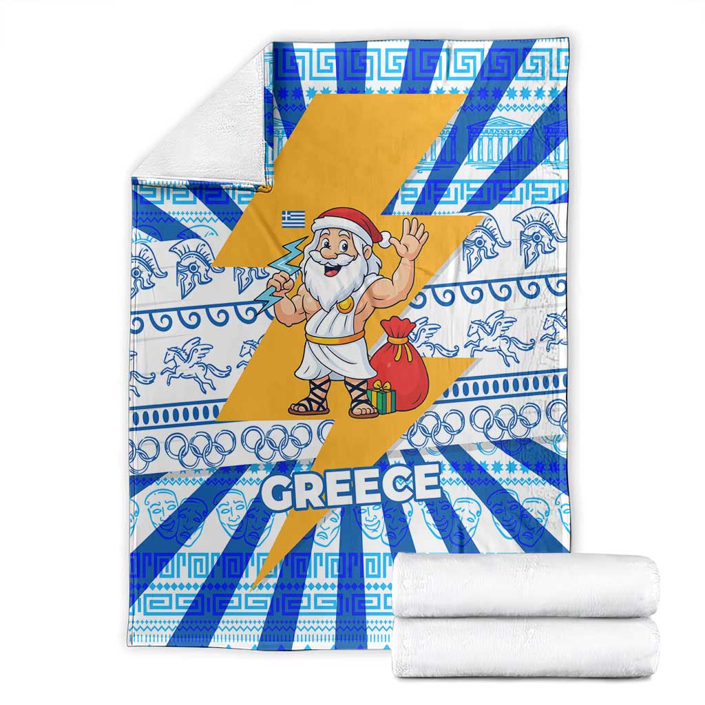 Greece Christmas Blanket with Zeus Santa Greek Flag Lightning Bolt Gift Bag and Blue Yellow Pattern Design - Wonder Print Shop