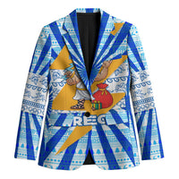 Greece Christmas Blazer with Zeus Santa Greek Flag Lightning Bolt Gift Bag and Blue Yellow Pattern Design - Wonder Print Shop