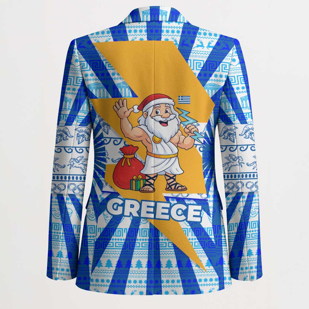 Greece Christmas Blazer with Zeus Santa Greek Flag Lightning Bolt Gift Bag and Blue Yellow Pattern Design - Wonder Print Shop