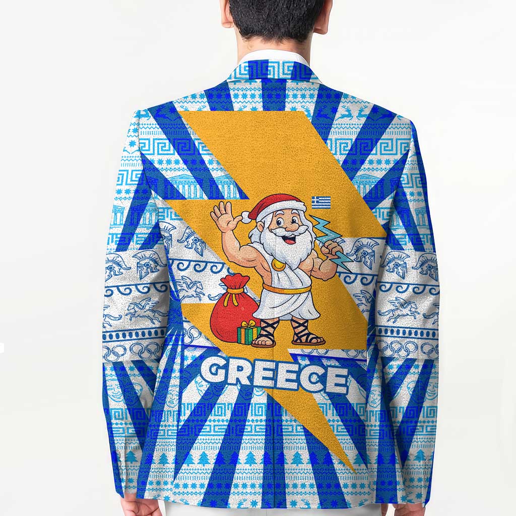 Greece Christmas Blazer with Zeus Santa Greek Flag Lightning Bolt Gift Bag and Blue Yellow Pattern Design - Wonder Print Shop