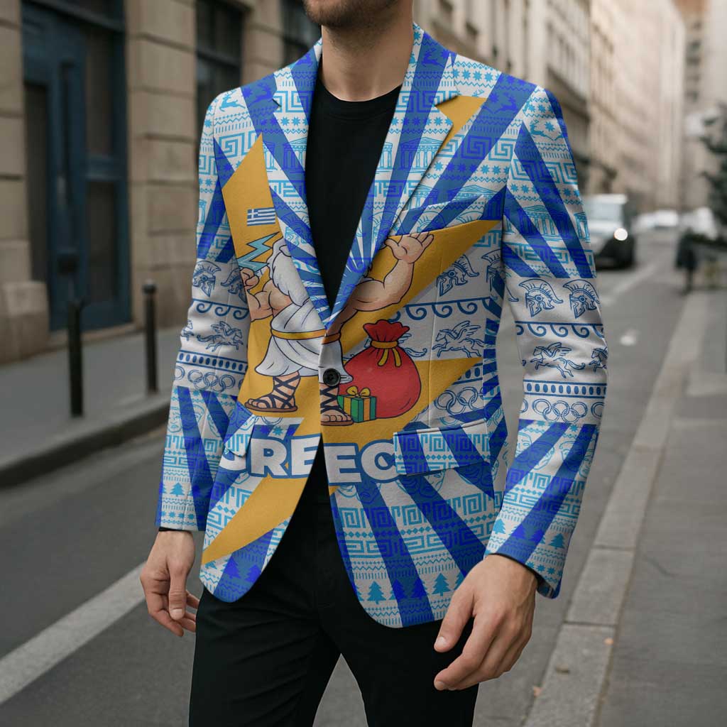 Greece Christmas Blazer with Zeus Santa Greek Flag Lightning Bolt Gift Bag and Blue Yellow Pattern Design - Wonder Print Shop