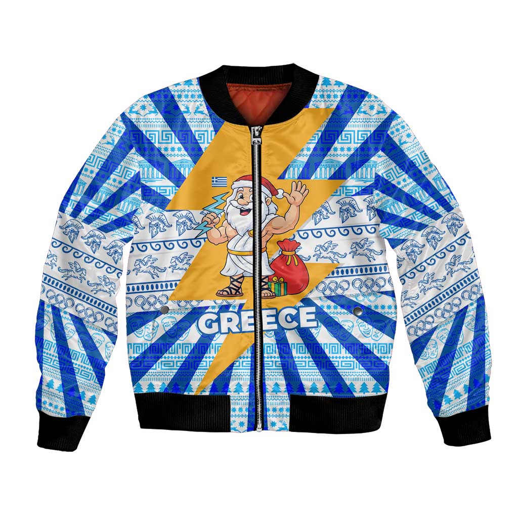 Greece Christmas Bomber Jacket with Zeus Santa Greek Flag Lightning Bolt Gift Bag and Blue Yellow Pattern Design - Wonder Print Shop