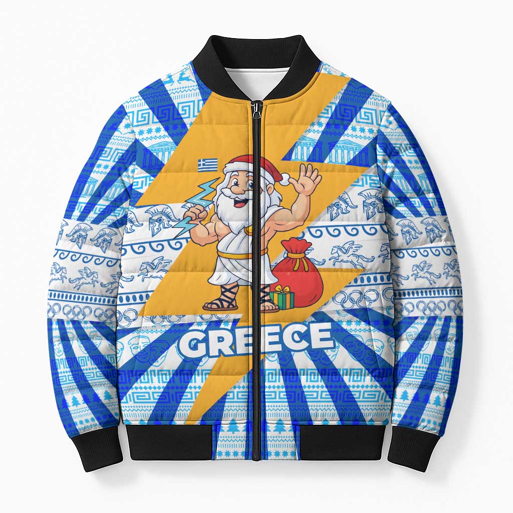 Greece Christmas Bomber Puffer Jacket with Zeus Santa Greek Flag Lightning Bolt Gift Bag and Blue Yellow Pattern Design - Wonder Print Shop