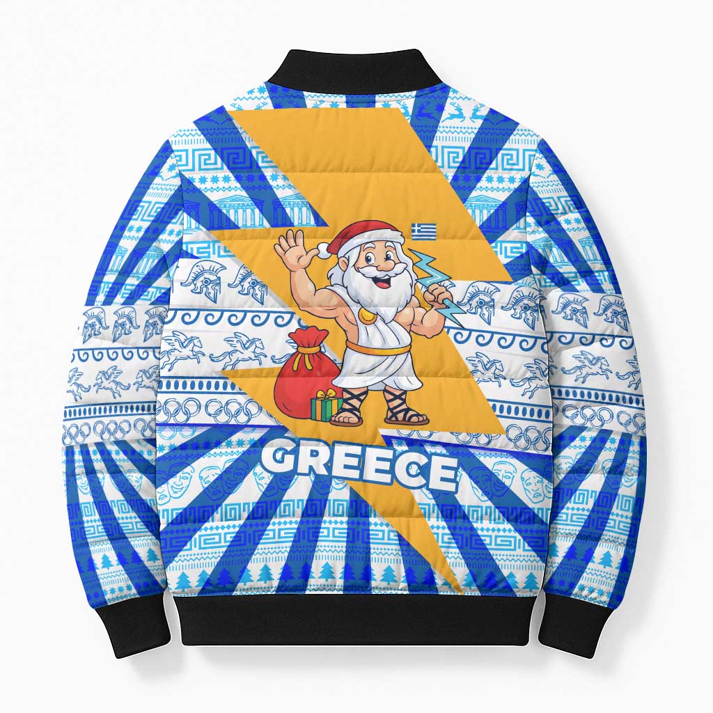 Greece Christmas Bomber Puffer Jacket with Zeus Santa Greek Flag Lightning Bolt Gift Bag and Blue Yellow Pattern Design - Wonder Print Shop