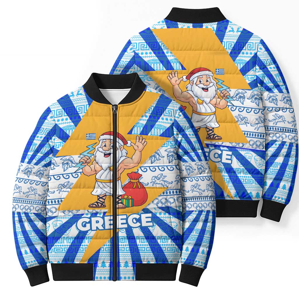 Greece Christmas Bomber Puffer Jacket with Zeus Santa Greek Flag Lightning Bolt Gift Bag and Blue Yellow Pattern Design - Wonder Print Shop