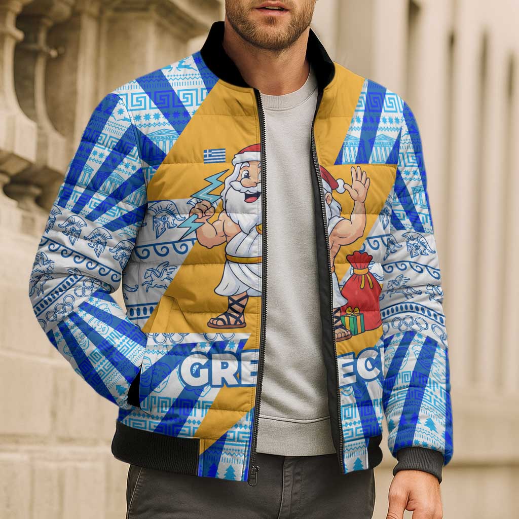 Greece Christmas Bomber Puffer Jacket with Zeus Santa Greek Flag Lightning Bolt Gift Bag and Blue Yellow Pattern Design - Wonder Print Shop