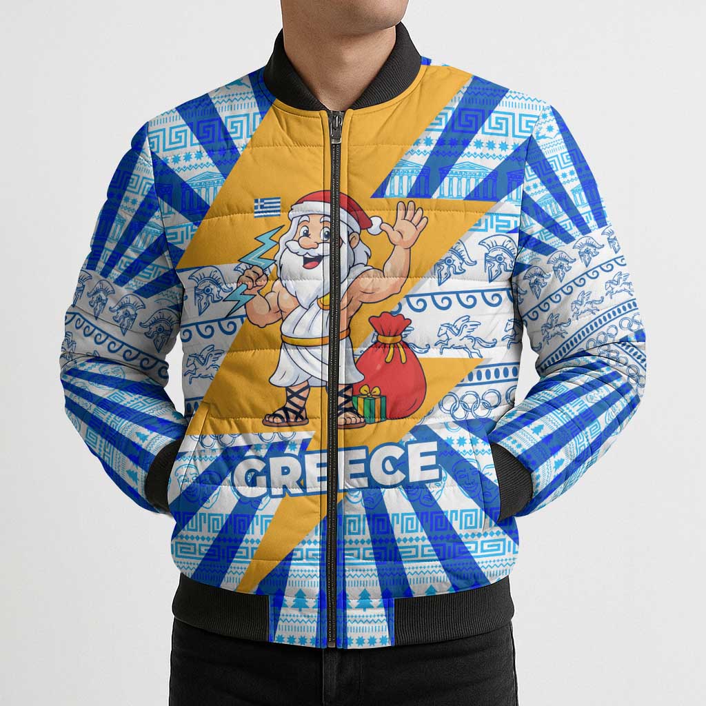 Greece Christmas Bomber Puffer Jacket with Zeus Santa Greek Flag Lightning Bolt Gift Bag and Blue Yellow Pattern Design - Wonder Print Shop