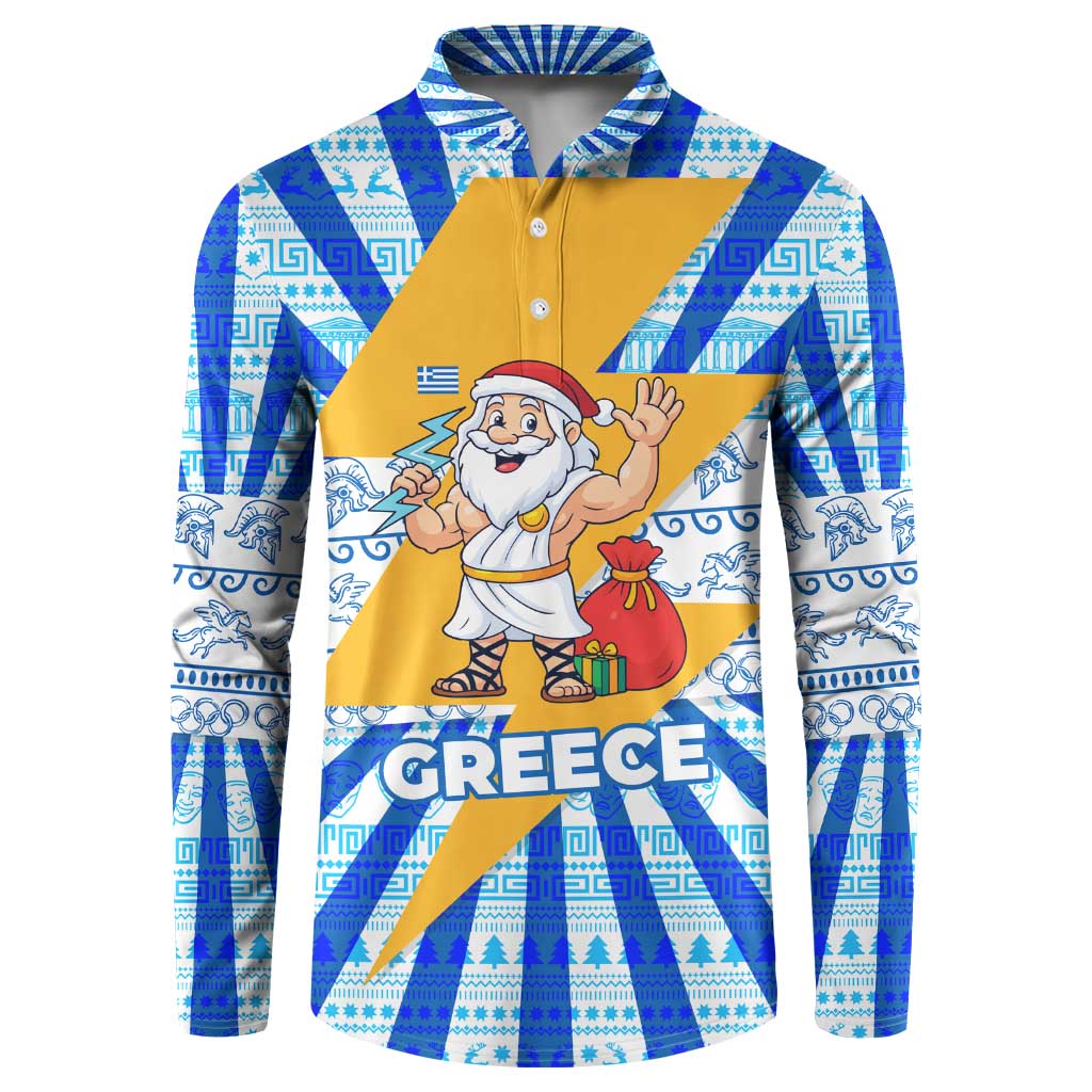 Greece Christmas Button Sweatshirt with Zeus Santa Greek Flag Lightning Bolt Gift Bag and Blue Yellow Pattern Design - Wonder Print Shop