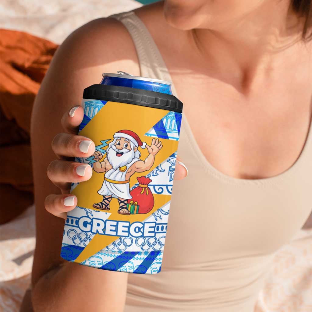 Greece Christmas 4 in 1 Can Cooler Tumbler with Zeus Santa Greek Flag Lightning Bolt Gift Bag and Blue Yellow Pattern Design - Wonder Print Shop