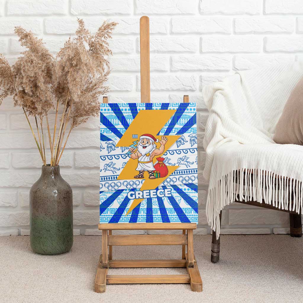 Greece Christmas Canvas Wall Art with Zeus Santa Greek Flag Lightning Bolt Gift Bag and Blue Yellow Pattern Design - Wonder Print Shop