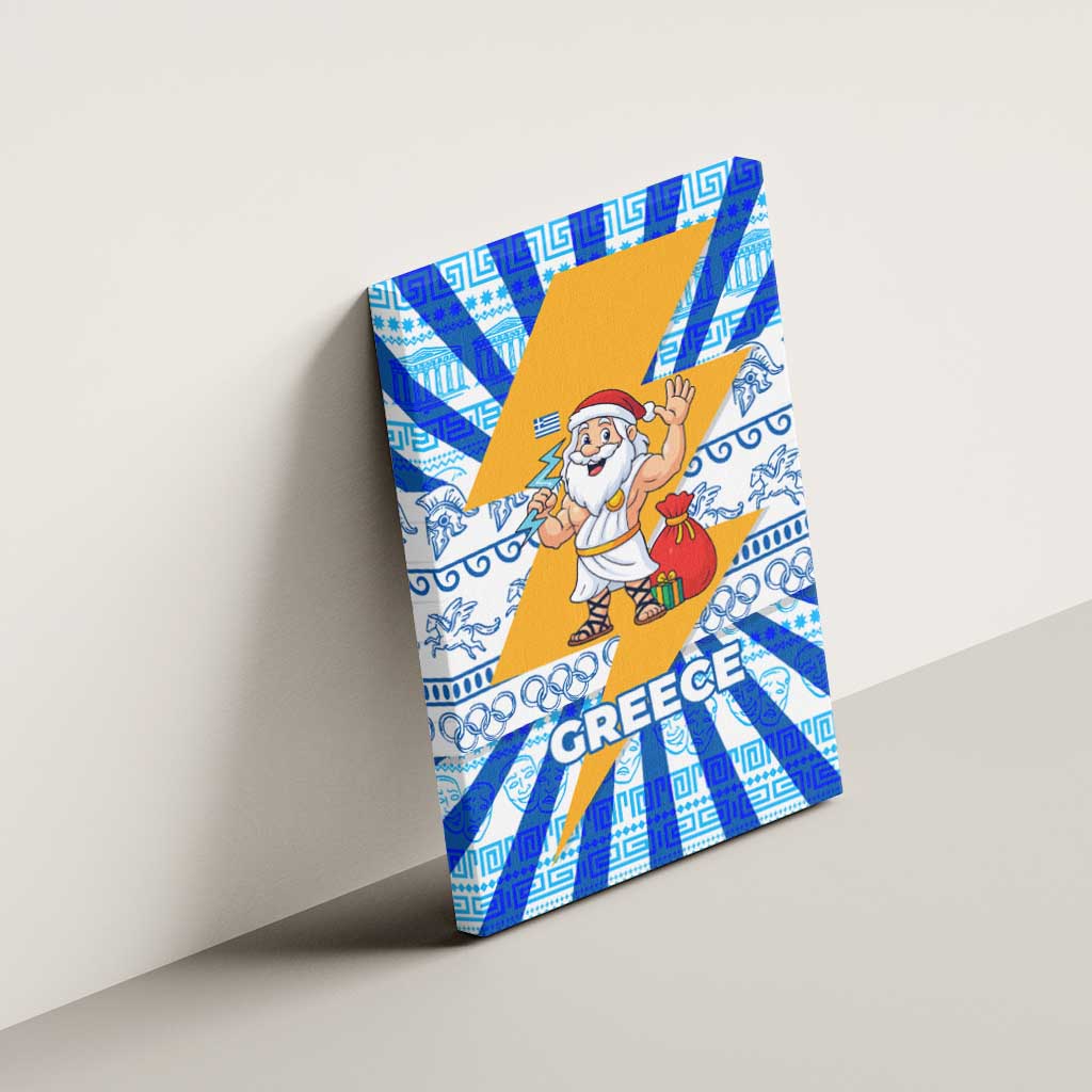 Greece Christmas Canvas Wall Art with Zeus Santa Greek Flag Lightning Bolt Gift Bag and Blue Yellow Pattern Design - Wonder Print Shop