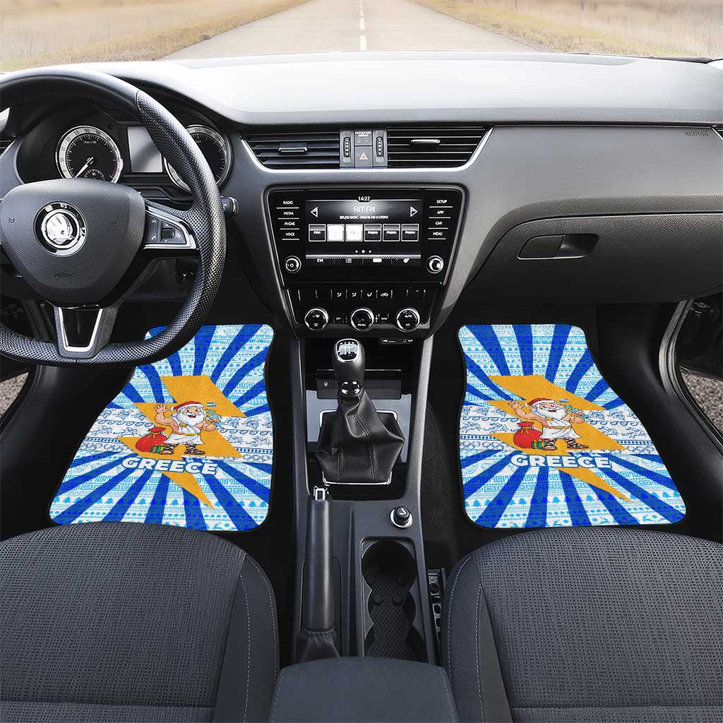 Greece Christmas Car Mats with Zeus Santa Greek Flag Lightning Bolt Gift Bag and Blue Yellow Pattern Design - Wonder Print Shop