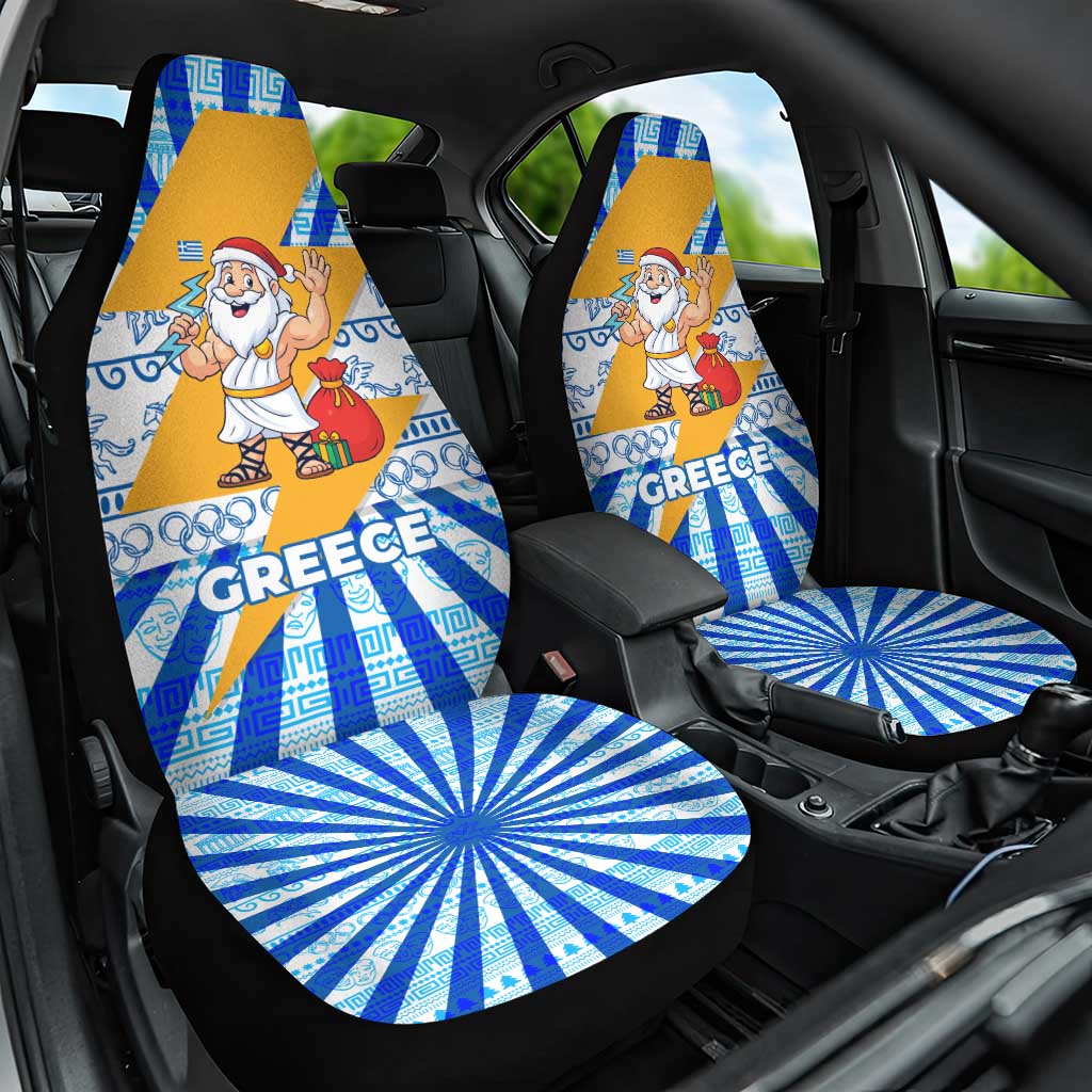 Greece Christmas Car Seat Cover with Zeus Santa Greek Flag Lightning Bolt Gift Bag and Blue Yellow Pattern Design - Wonder Print Shop