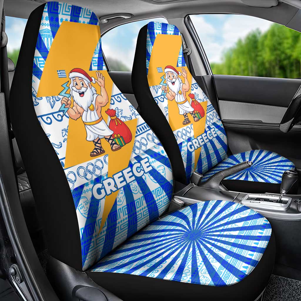 Greece Christmas Car Seat Cover with Zeus Santa Greek Flag Lightning Bolt Gift Bag and Blue Yellow Pattern Design - Wonder Print Shop