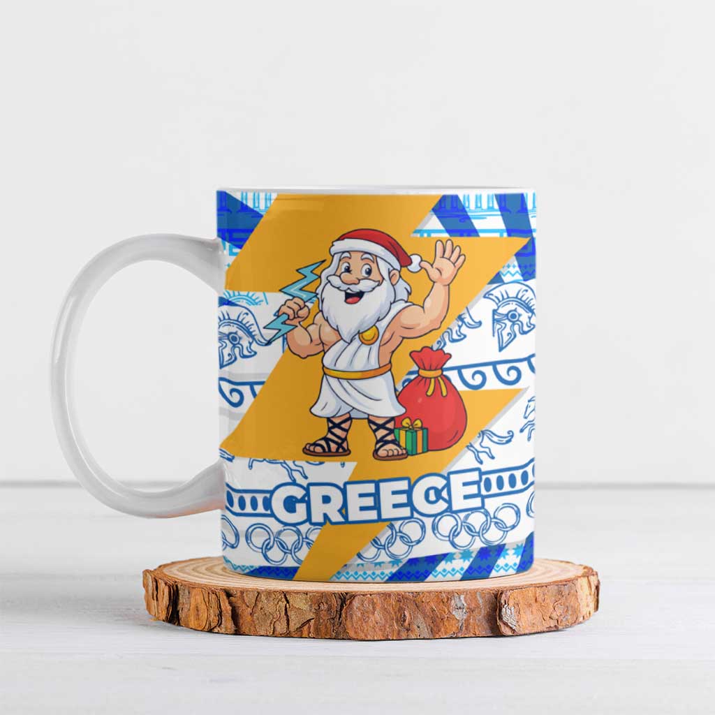Greece Christmas Ceramic Mug with Zeus Santa Greek Flag Lightning Bolt Gift Bag and Blue Yellow Pattern Design - Wonder Print Shop