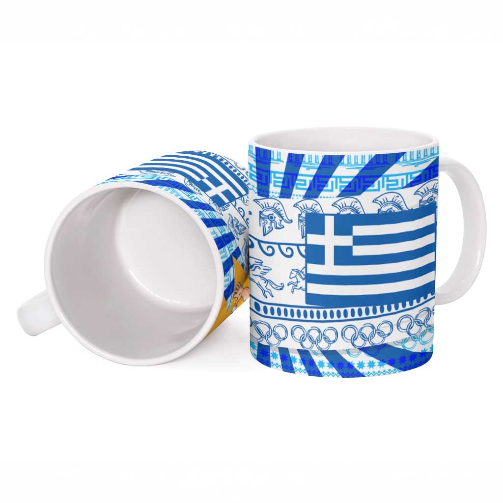 Greece Christmas Ceramic Mug with Zeus Santa Greek Flag Lightning Bolt Gift Bag and Blue Yellow Pattern Design - Wonder Print Shop