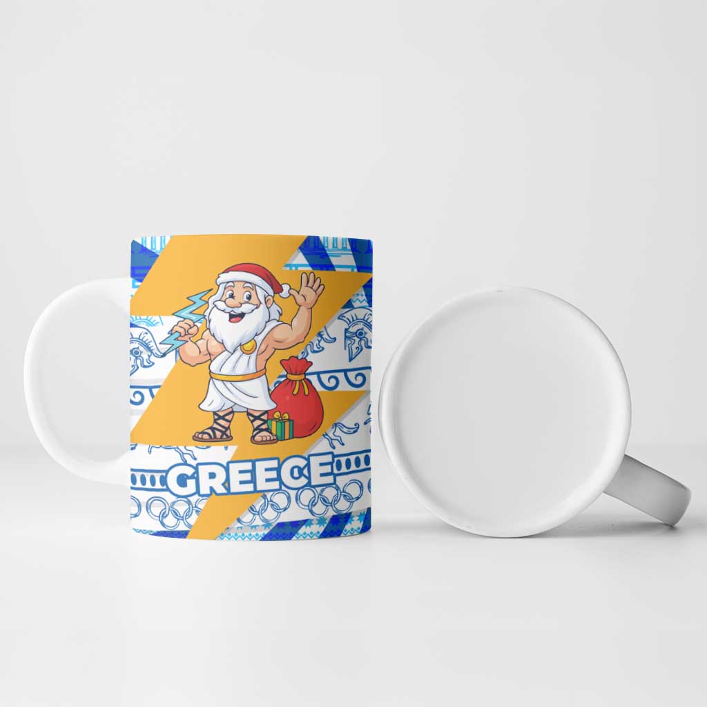 Greece Christmas Ceramic Mug with Zeus Santa Greek Flag Lightning Bolt Gift Bag and Blue Yellow Pattern Design - Wonder Print Shop