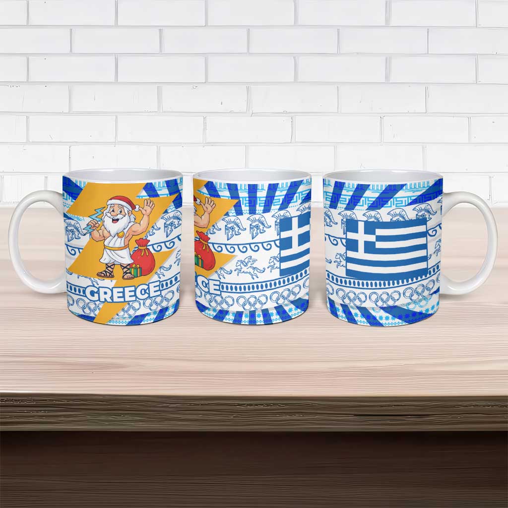 Greece Christmas Ceramic Mug with Zeus Santa Greek Flag Lightning Bolt Gift Bag and Blue Yellow Pattern Design - Wonder Print Shop