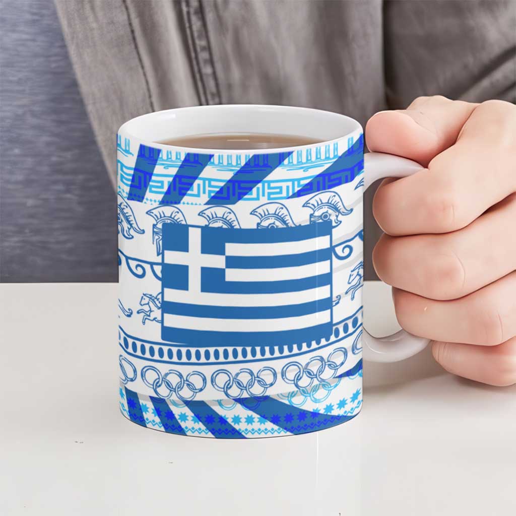 Greece Christmas Ceramic Mug with Zeus Santa Greek Flag Lightning Bolt Gift Bag and Blue Yellow Pattern Design - Wonder Print Shop