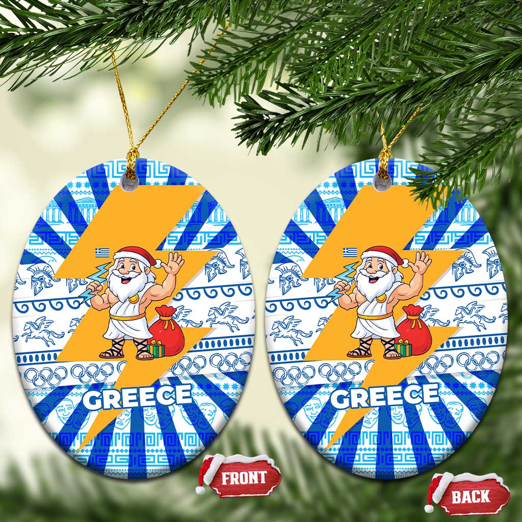 Greece Christmas Ceramic Ornament with Zeus Santa Greek Flag Lightning Bolt Gift Bag and Blue Yellow Pattern Design - Wonder Print Shop