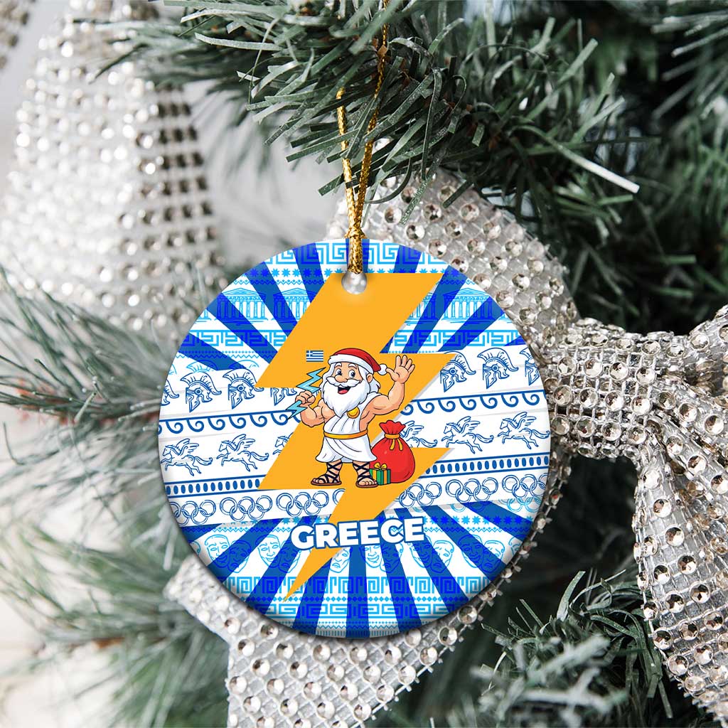 Greece Christmas Ceramic Ornament with Zeus Santa Greek Flag Lightning Bolt Gift Bag and Blue Yellow Pattern Design - Wonder Print Shop