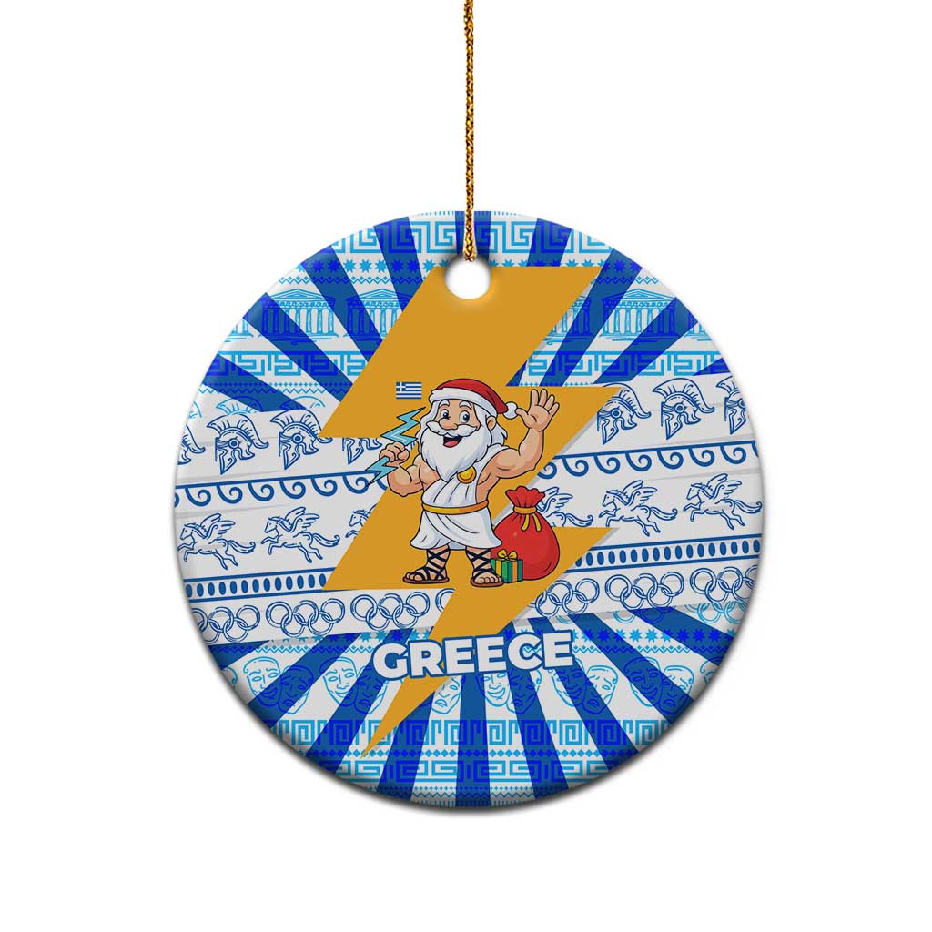 Greece Christmas Ceramic Ornament with Zeus Santa Greek Flag Lightning Bolt Gift Bag and Blue Yellow Pattern Design - Wonder Print Shop