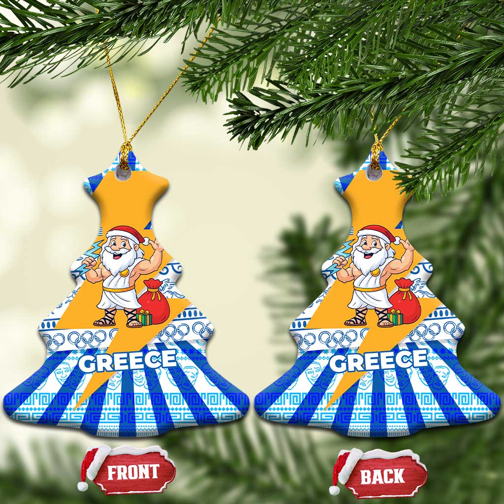 Greece Christmas Ceramic Ornament with Zeus Santa Greek Flag Lightning Bolt Gift Bag and Blue Yellow Pattern Design - Wonder Print Shop