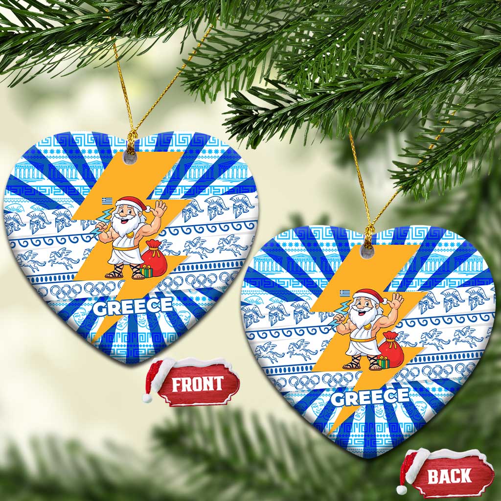 Greece Christmas Ceramic Ornament with Zeus Santa Greek Flag Lightning Bolt Gift Bag and Blue Yellow Pattern Design - Wonder Print Shop