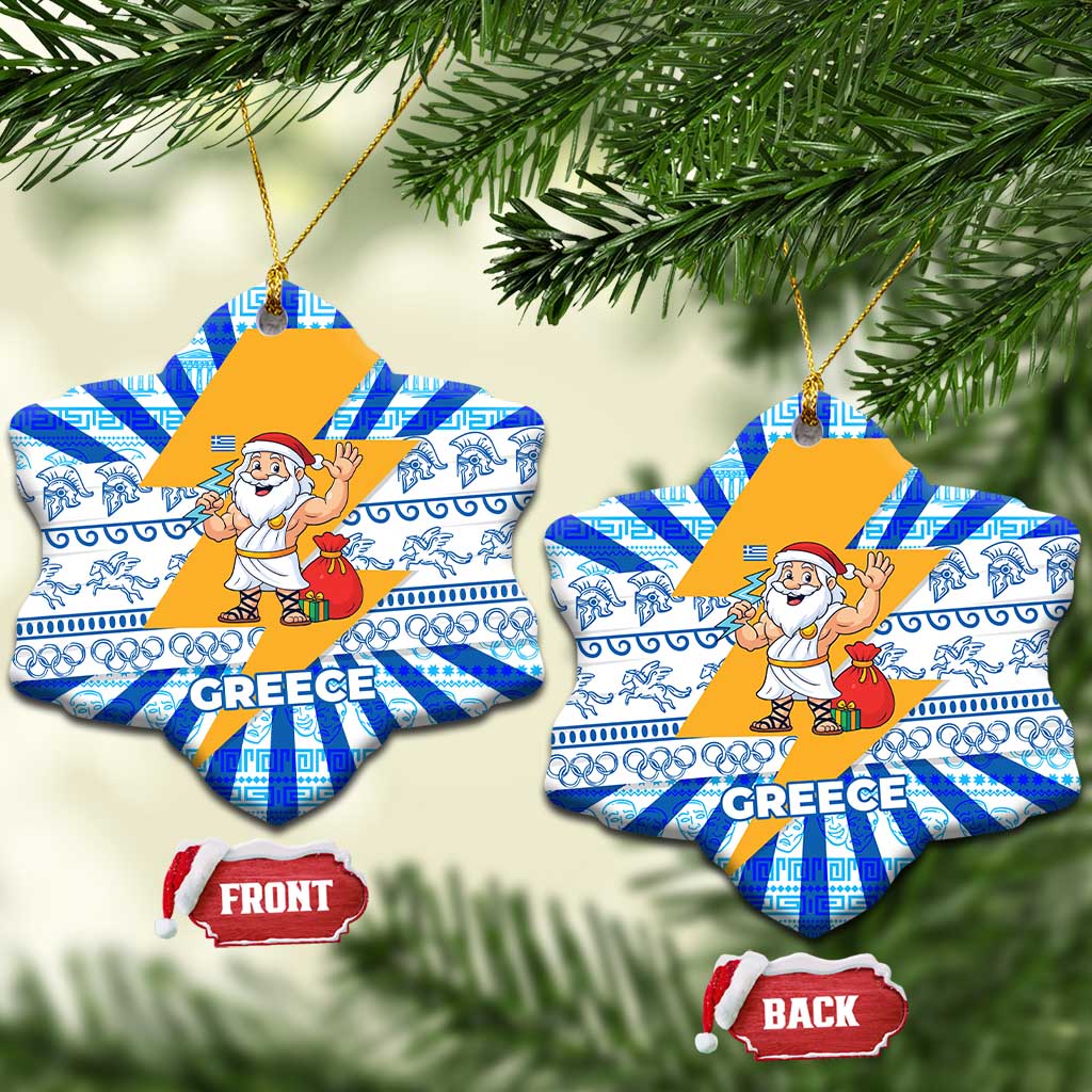 Greece Christmas Ceramic Ornament with Zeus Santa Greek Flag Lightning Bolt Gift Bag and Blue Yellow Pattern Design - Wonder Print Shop
