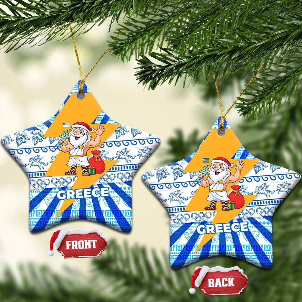 Greece Christmas Ceramic Ornament with Zeus Santa Greek Flag Lightning Bolt Gift Bag and Blue Yellow Pattern Design - Wonder Print Shop