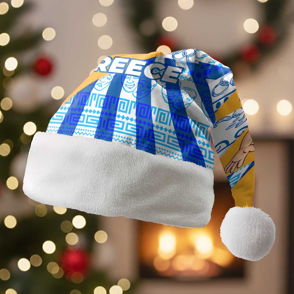 Greece Christmas Santa Hat with Zeus Santa Greek Flag Lightning Bolt Gift Bag and Blue Yellow Pattern Design - Wonder Print Shop