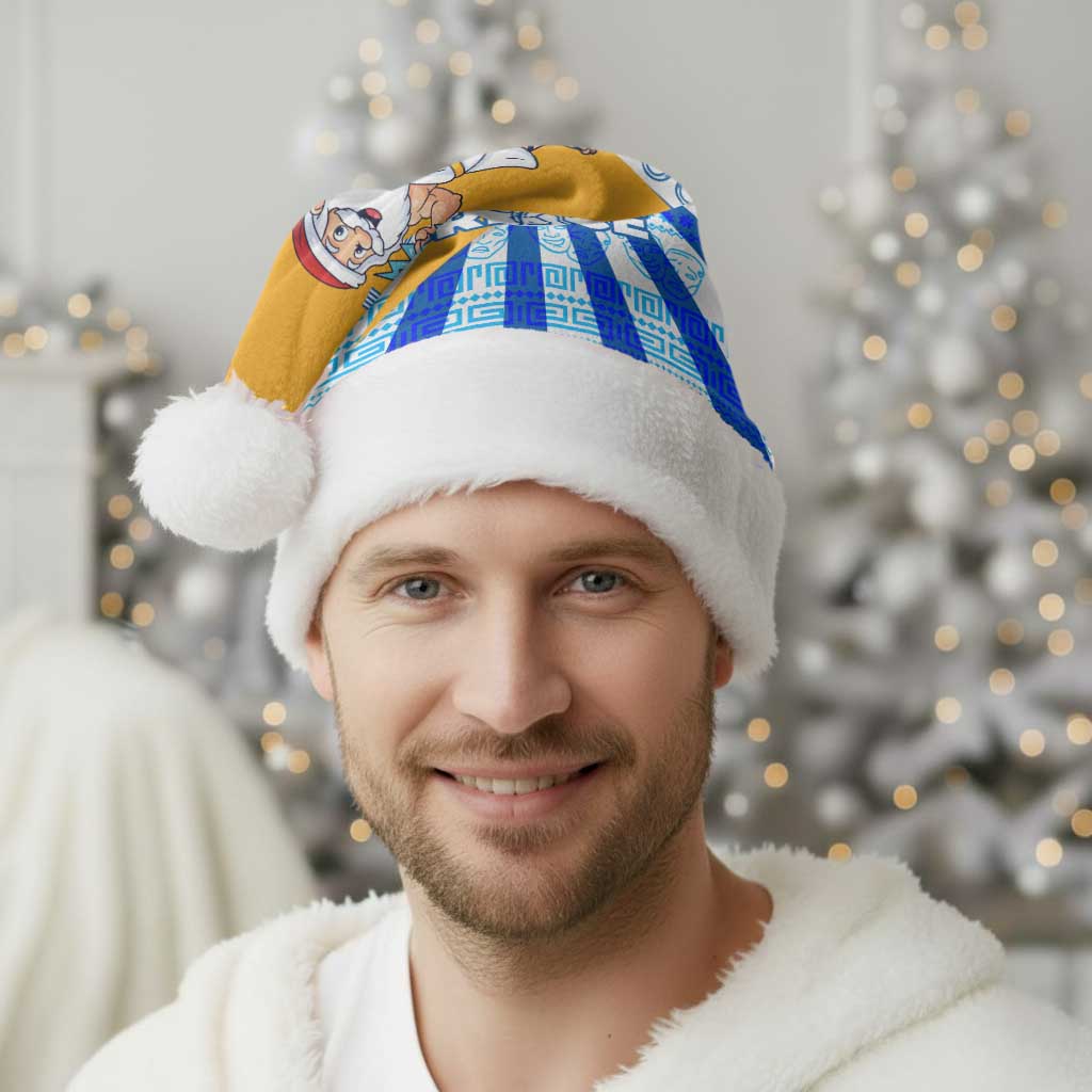 Greece Christmas Santa Hat with Zeus Santa Greek Flag Lightning Bolt Gift Bag and Blue Yellow Pattern Design - Wonder Print Shop