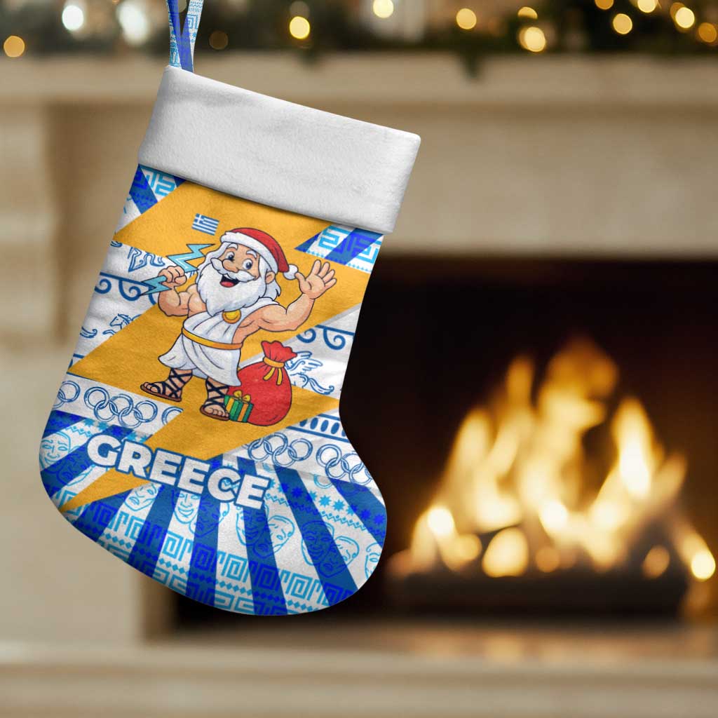 Greece Christmas Stocking with Zeus Santa Greek Flag Lightning Bolt Gift Bag and Blue Yellow Pattern Design - Wonder Print Shop