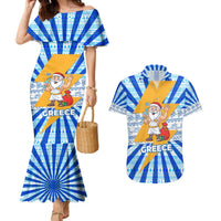 Greece Christmas Couples Matching Mermaid Dress and Hawaiian Shirt with Zeus Santa Greek Flag Lightning Bolt Gift Bag and Blue Yellow Pattern Design - Wonder Print Shop