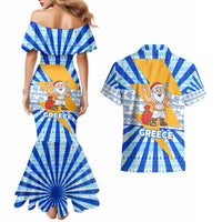 Greece Christmas Couples Matching Mermaid Dress and Hawaiian Shirt with Zeus Santa Greek Flag Lightning Bolt Gift Bag and Blue Yellow Pattern Design - Wonder Print Shop