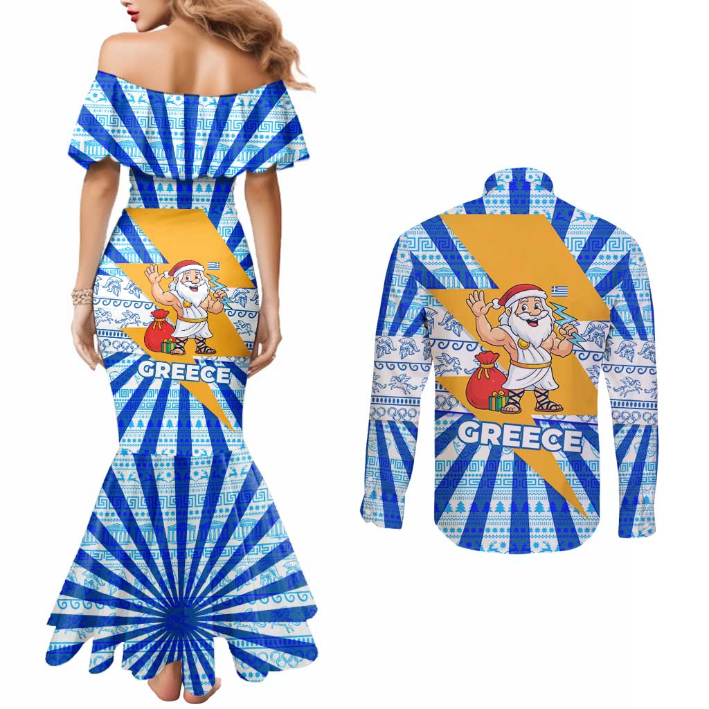 Greece Christmas Couples Matching Mermaid Dress and Long Sleeve Button Shirt with Zeus Santa Greek Flag Lightning Bolt Gift Bag and Blue Yellow Pattern Design - Wonder Print Shop