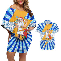 Greece Christmas Couples Matching Off Shoulder Short Dress and Hawaiian Shirt with Zeus Santa Greek Flag Lightning Bolt Gift Bag and Blue Yellow Pattern Design - Wonder Print Shop