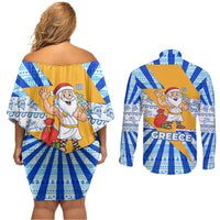 Greece Christmas Couples Matching Off Shoulder Short Dress and Long Sleeve Button Shirt with Zeus Santa Greek Flag Lightning Bolt Gift Bag and Blue Yellow Pattern Design - Wonder Print Shop