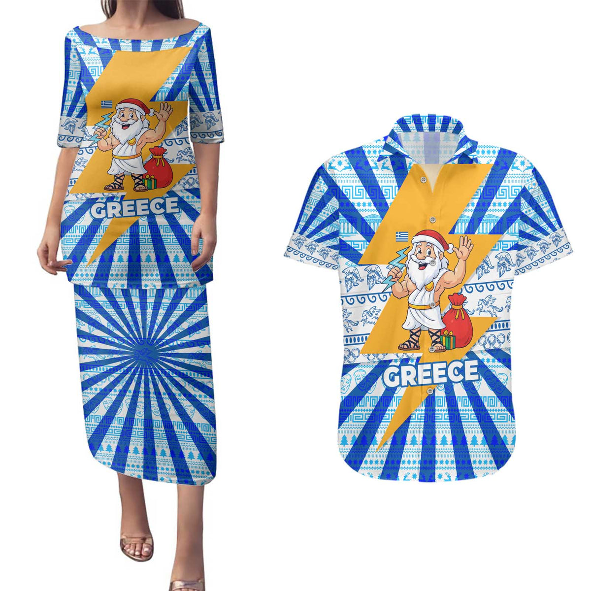Greece Christmas Couples Matching Puletasi and Hawaiian Shirt with Zeus Santa Greek Flag Lightning Bolt Gift Bag and Blue Yellow Pattern Design - Wonder Print Shop