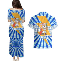 Greece Christmas Couples Matching Puletasi and Hawaiian Shirt with Zeus Santa Greek Flag Lightning Bolt Gift Bag and Blue Yellow Pattern Design - Wonder Print Shop