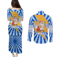 Greece Christmas Couples Matching Puletasi and Long Sleeve Button Shirt with Zeus Santa Greek Flag Lightning Bolt Gift Bag and Blue Yellow Pattern Design - Wonder Print Shop