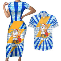 Greece Christmas Couples Matching Short Sleeve Bodycon Dress and Hawaiian Shirt with Zeus Santa Greek Flag Lightning Bolt Gift Bag and Blue Yellow Pattern Design - Wonder Print Shop