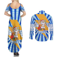 Greece Christmas Couples Matching Summer Maxi Dress and Long Sleeve Button Shirt with Zeus Santa Greek Flag Lightning Bolt Gift Bag and Blue Yellow Pattern Design - Wonder Print Shop