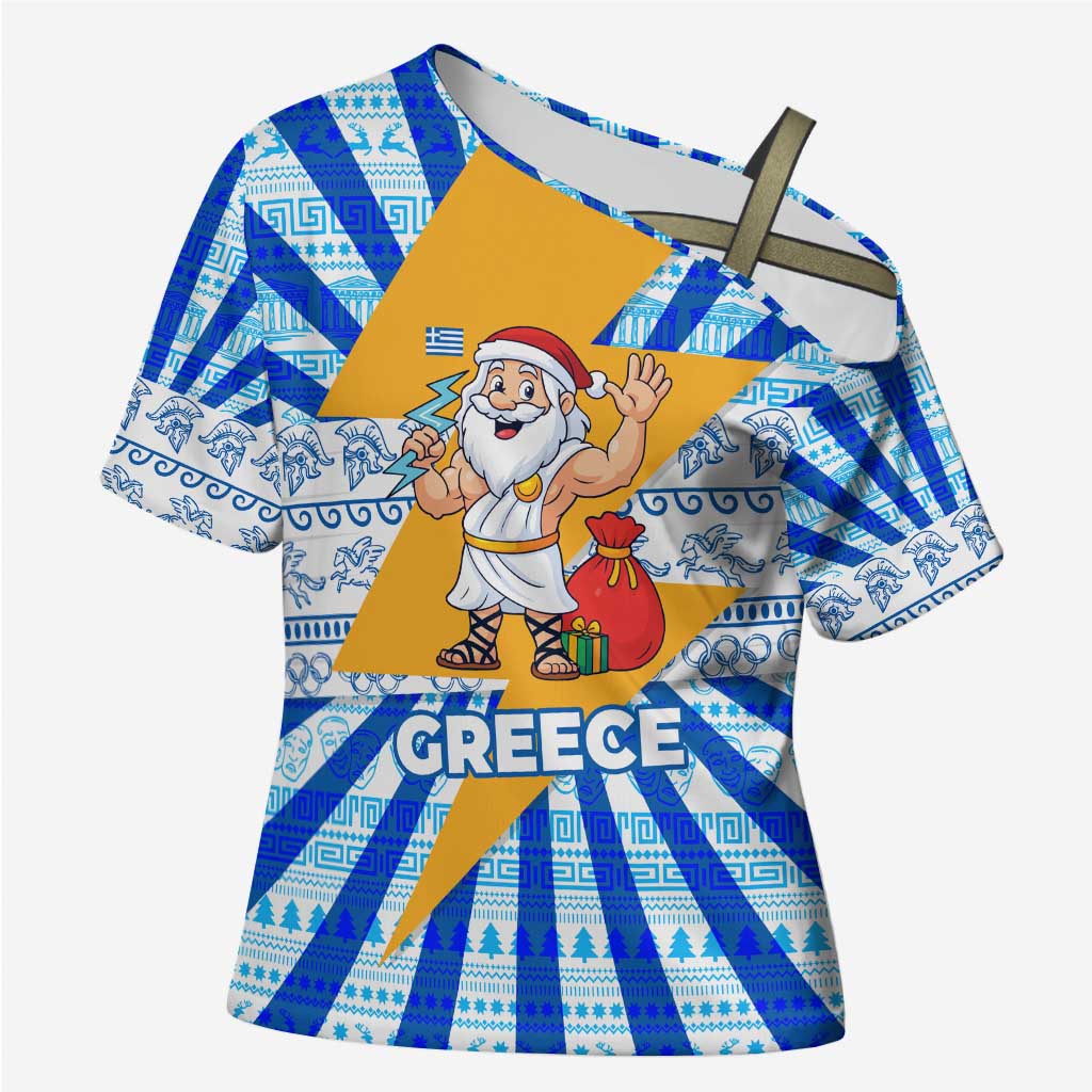 Greece Christmas Cross Shoulder Shirt with Zeus Santa Greek Flag Lightning Bolt Gift Bag and Blue Yellow Pattern Design - Wonder Print Shop