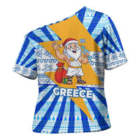 Greece Christmas Cross Shoulder Shirt with Zeus Santa Greek Flag Lightning Bolt Gift Bag and Blue Yellow Pattern Design - Wonder Print Shop